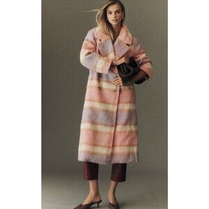 Anthropologie Maeve Long Coat Pink Plaid Wool Blend Preppy Cozy Retro XXSP NWT